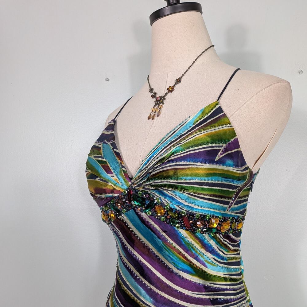 Vintage Cache Prom Dress Maxi Gown 4 Multi Silk Y2K Glam Guest Evening Formal - Picture 5 of 16